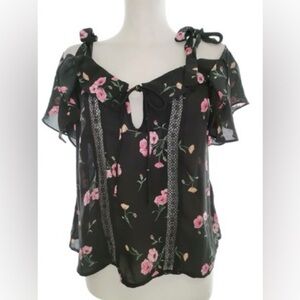 H&M Floral Semi Sheer Dainty Shoulder Tie Flutter Sleeve Summer Front Bow Blouse